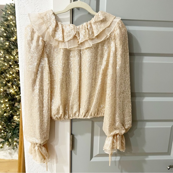 NWT Antonio Melani Nicola Bathie Gold Sequin Ruffle Top - Picture 3 of 4